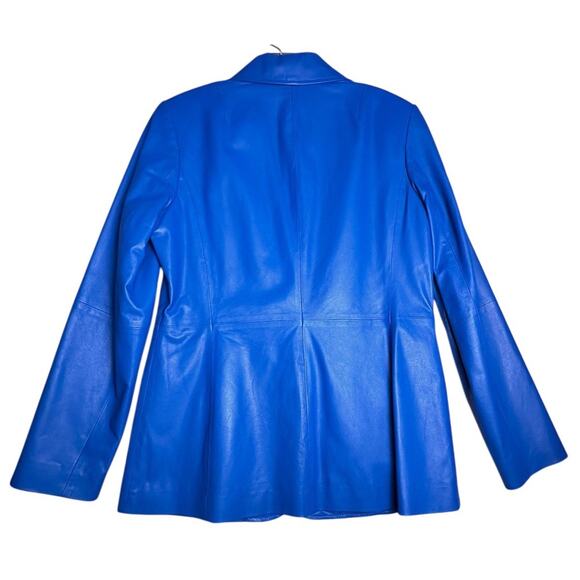 Vtg Y2K Bright Blue Genuine Leather Blazer Jacket Women's Sz 10 2 Button Peplum - Picture 3 of 16